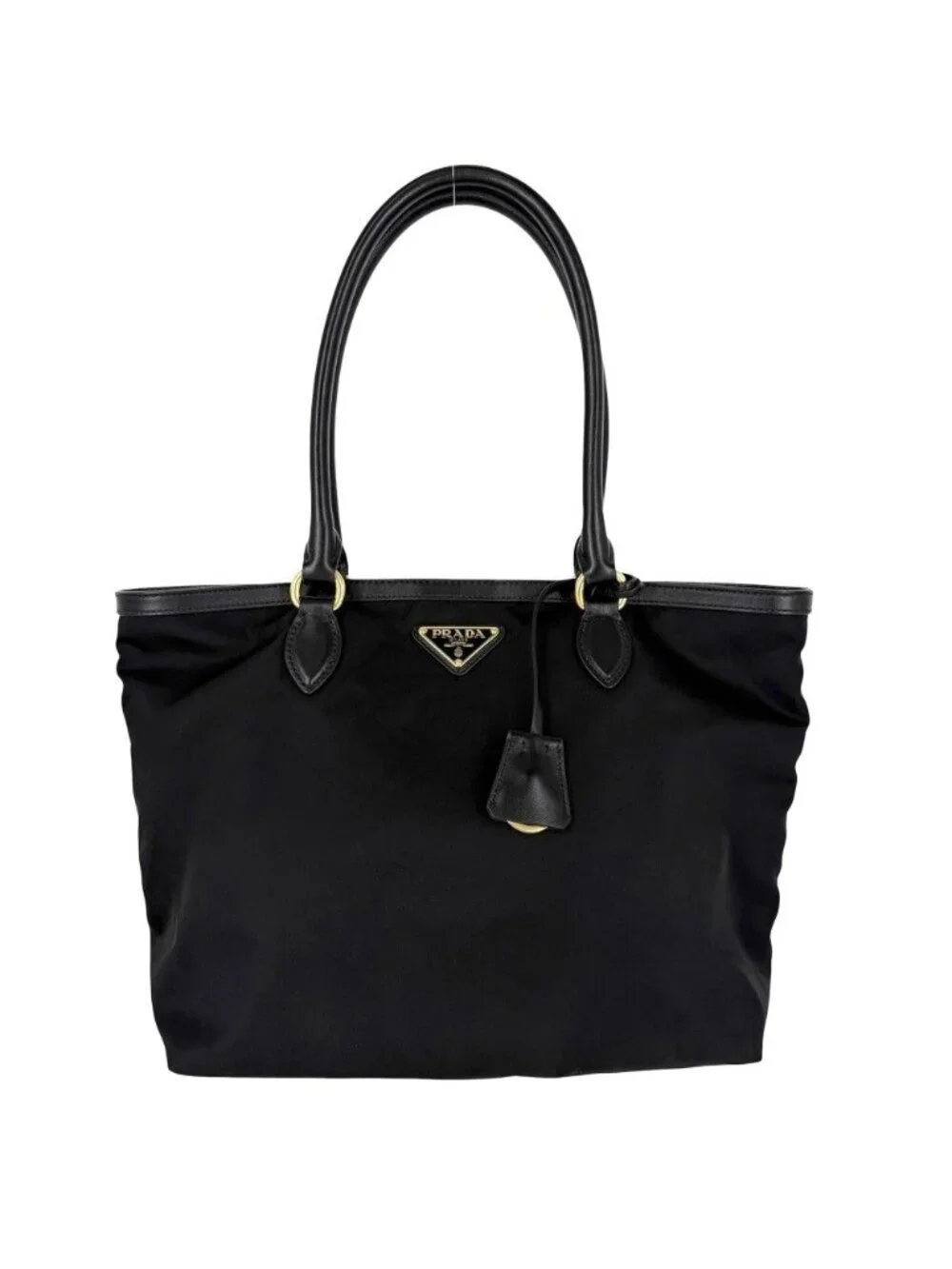 Prada Handbag Triangle Logo Tote Nylon Black Gold Vintage
